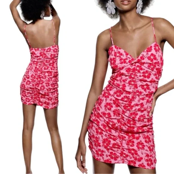 Zara Womens Pink‎ Red Floral Ruched Bodycon Mini Dress Sz Med Summer 💕 - Picture 3 of 14